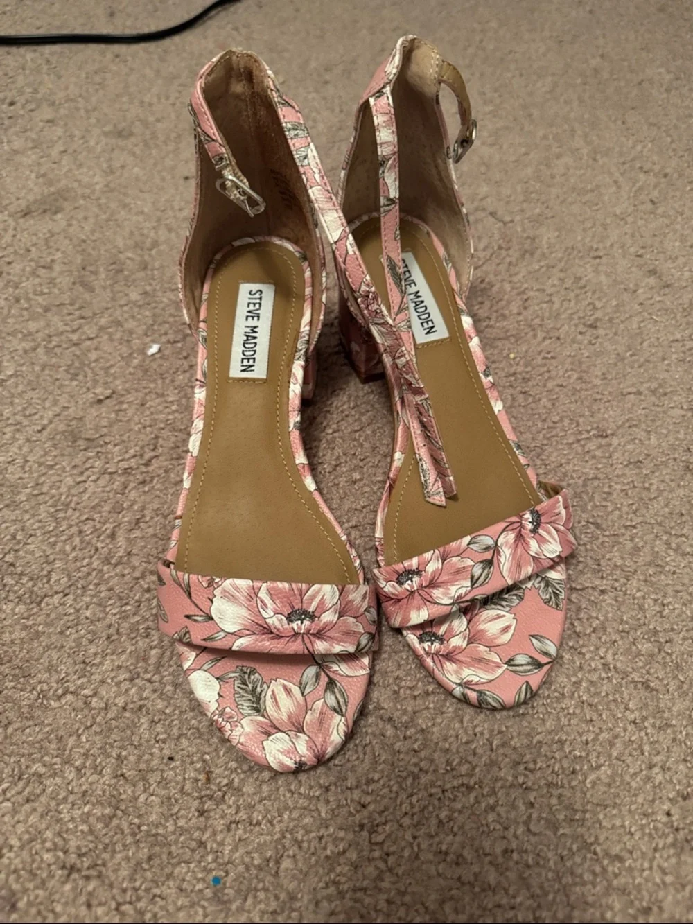 Steve Madden Pink Floral Ankle-Strap Block Heel Sandals - Picture 2 of 2